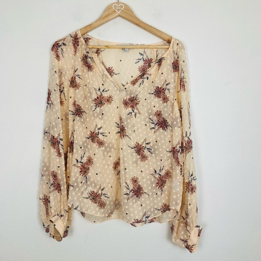 Joie pale yellow Swiss dot floral print silk blend sheer long sleeve blouse. L
